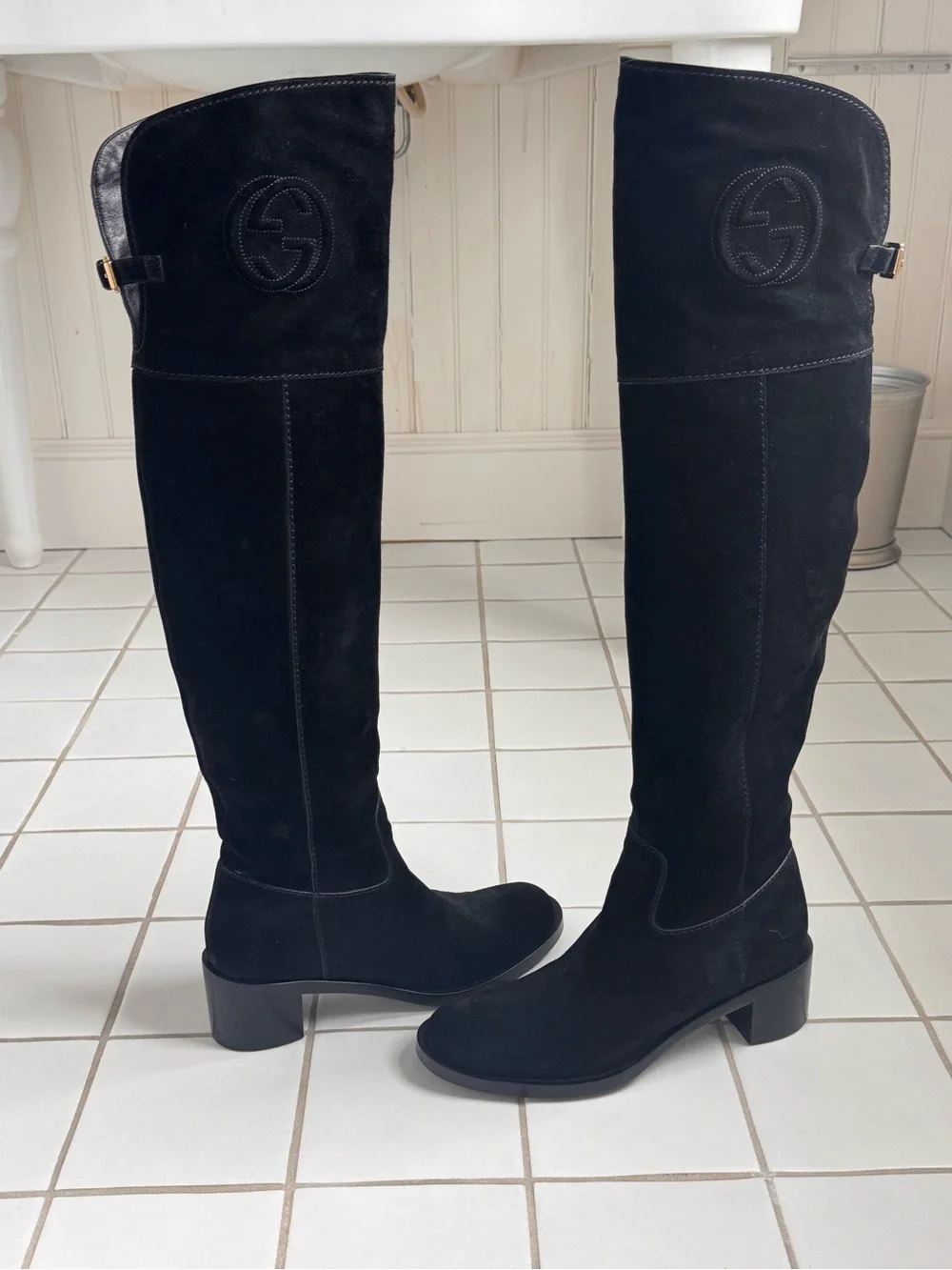 Gucci Black Suede Over-the-Knee Boots with Signature Logo